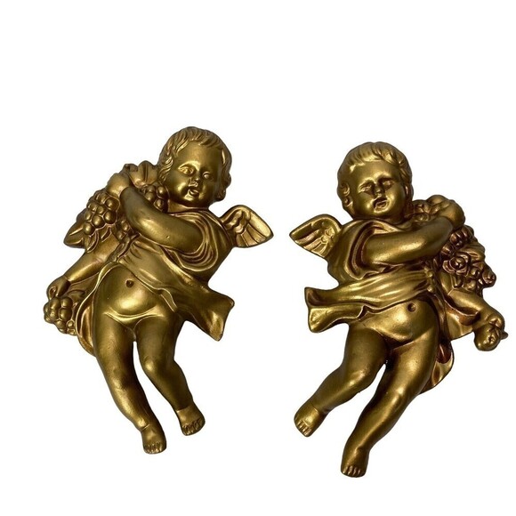 Vintage 2 Lee Wards Gold Cherub Angel Wall Hanging Plaque Chalkware 8” Long - Picture 2 of 16